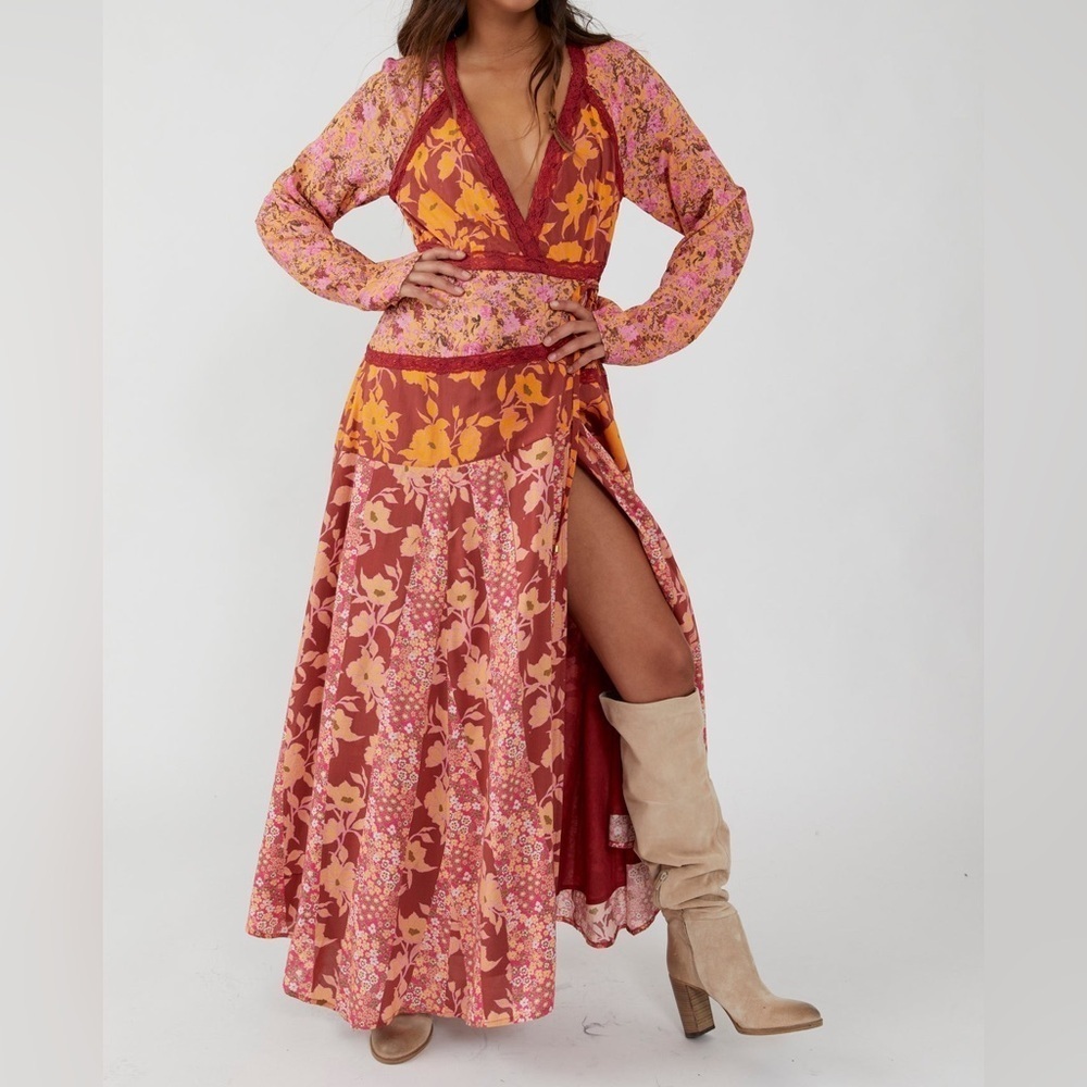 Free People Tilda Dress XS Fall Floral Maxi Pumpkin Spice Vibes Autumn Boho 🍂